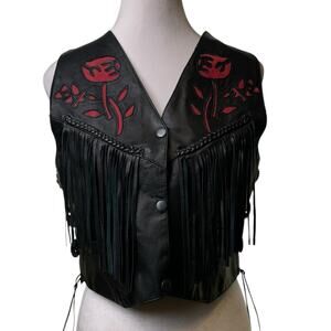VTG Biker Leather Club Sheep Leather Vest Red Rose Detail Fringe Concho Sz Small